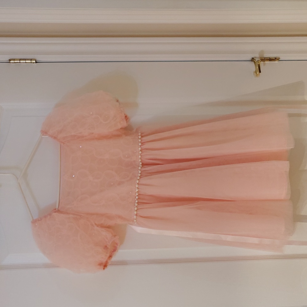 Pink Puff Sleeve Dress with Pearl Detail